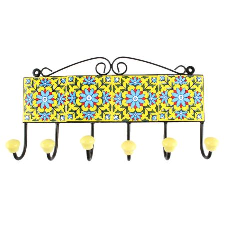 Turquoise Sunflower Ceramic Tile Hook With Yellow Base